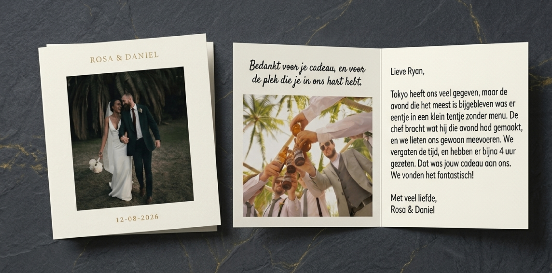 Persoonlijke bedankkaart van een bruidspaar met foto en handgeschreven bericht