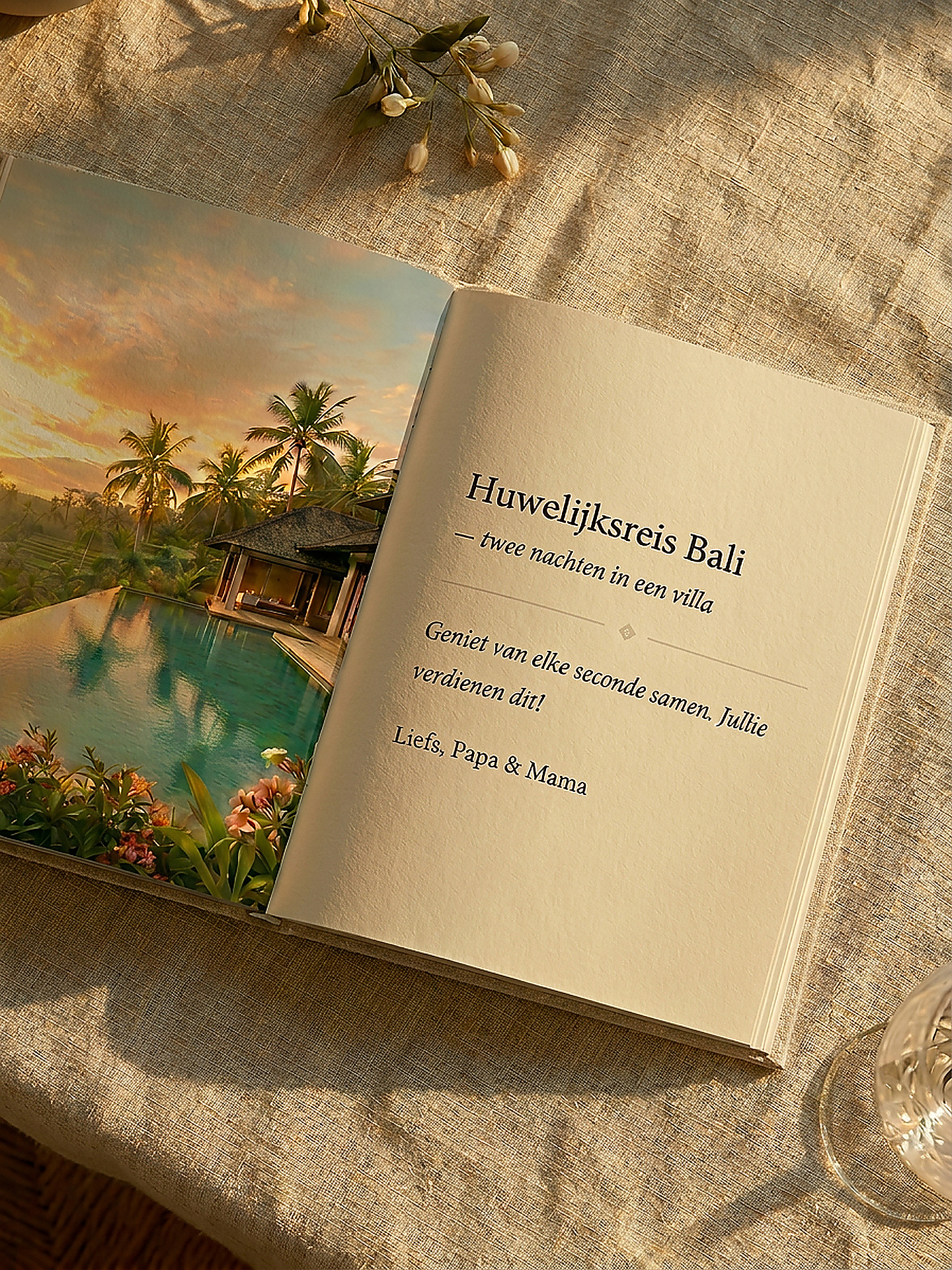 Open boekspread met een foto van een Bali villa en een handgeschreven boodschap